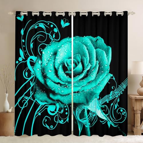 Feelyou Teal Rose Floral Curtains for Living Room 444Couple Valentine's Day Botanical Blackout Curtains Girls Women Lover Music Blossom Flowers Darkening Drapes Romantic Window Treatments