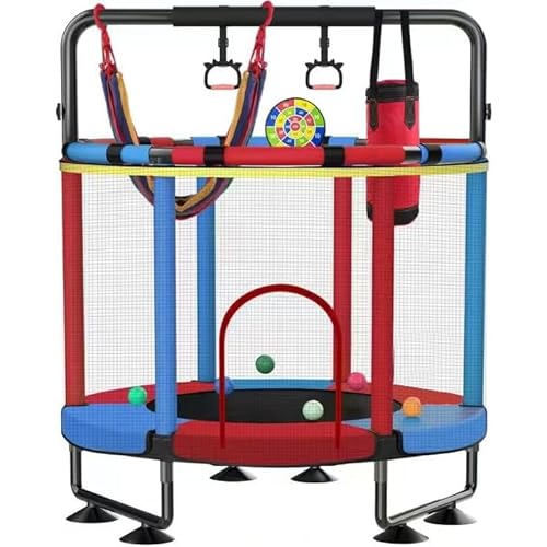 Trampoline for Kids, Upgrade Full Anti-Rust 440lbs Indoor Outdoor Toddler Trampoline with Net, 55" Adjustable Baby Toddler Trampolines Accessories with 8 Toys Dart Board (Blue Red, 55in)