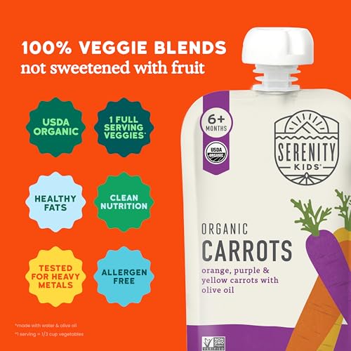 Image of Serenity Kids Organic Baby Food Pouches, No Added Sugar, 3.5 Oz, 12 Pack | Veggie-First, Not Fruit-Sweet, Made Without Common Allergens, Organic Carrot Puree, No Artificial Flavors, Toddler Food