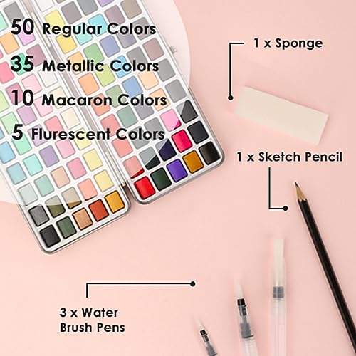 Grabie Watercolor Paint Set, Watercolor Paints, 100 Colors, Painting Set With Water Brush Pens And Drawing Pencil, Great For Kids And Adults, Art Supplies, Perfect Starter Kit For Watercolor Painting #TOP1