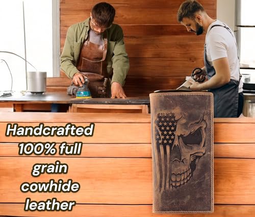 Image of F&L CLASSIC Men's RFID Vintage Look Genuine Leather Long Bifold Wallet Checkbook Wallets,brown flag skull,240-103