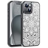 Goodon for iPhone 15 Case with Privacy Screen Protector, Compatible with Magsafe, Shockproof Translucent Matte Cover - Cute Floral Design Phone Case for Women and Girls - Mandala Flower