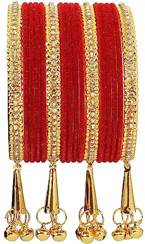 Image of NMII Metal with Zircon Gemstone and Velvet Studded Bells Latkan Bangles Set For Girls and Women I Latkan Bangles, Premium Bangle Bracelet Set I Pack of 16 Bangles