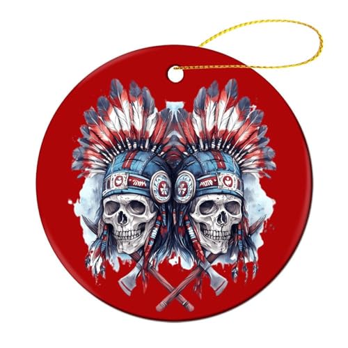 Skull U.S. Native Chief with Axes Christmas Hanging Ornaments 2.8 Round Ceramic Pendant Keepsake Xmas Tree Decor for Family Party