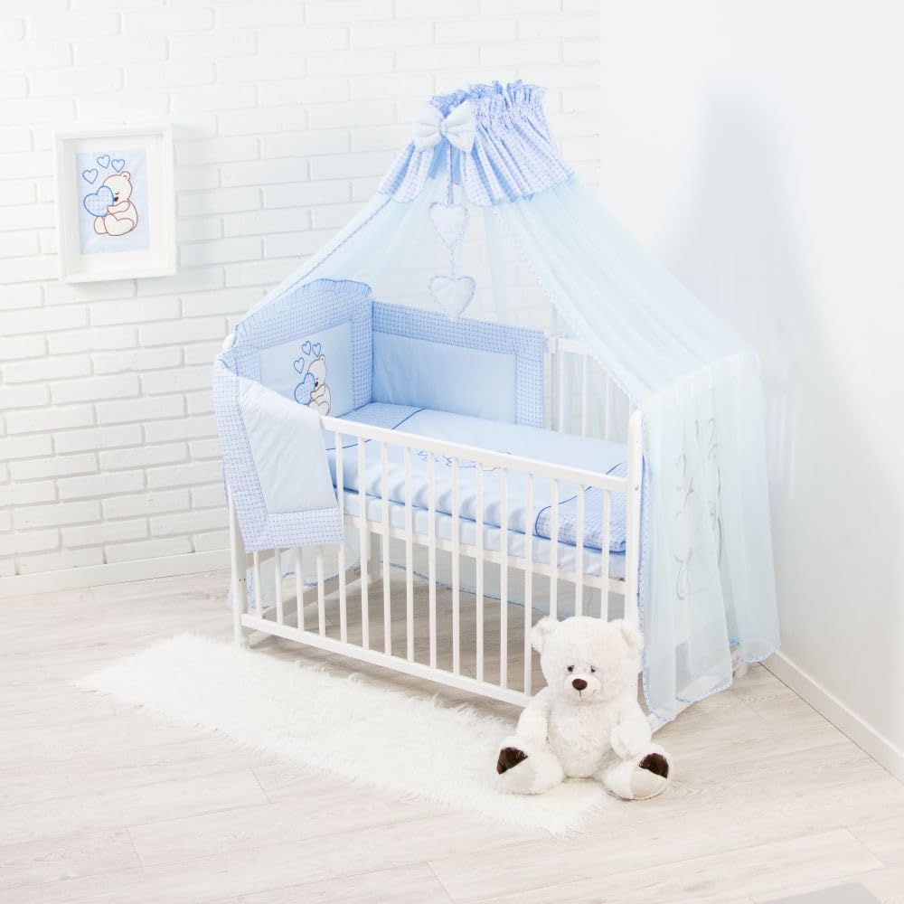Generisch 12-Teiliges Kinderbett mit Matratze, Teddybär mit Herz, Blau | Bettzeug inklusive, Zubehör inklusive