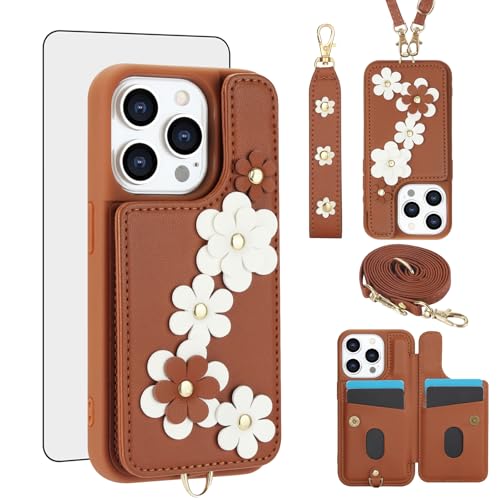 iPhone 15 Pro Max étui floral avec fente cartes et cordon pour iPhone15 ProMax 5G