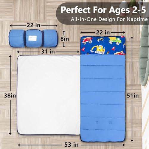 Image of Primlect Toddler Nap Mat, Portable Rolled Sleeping Mat | 51 inchx31 All-in-One Sleeping Bag with Removable Pillow and Soft Blanket, Machine Washable, for Daycare Travel, for Boys Girls