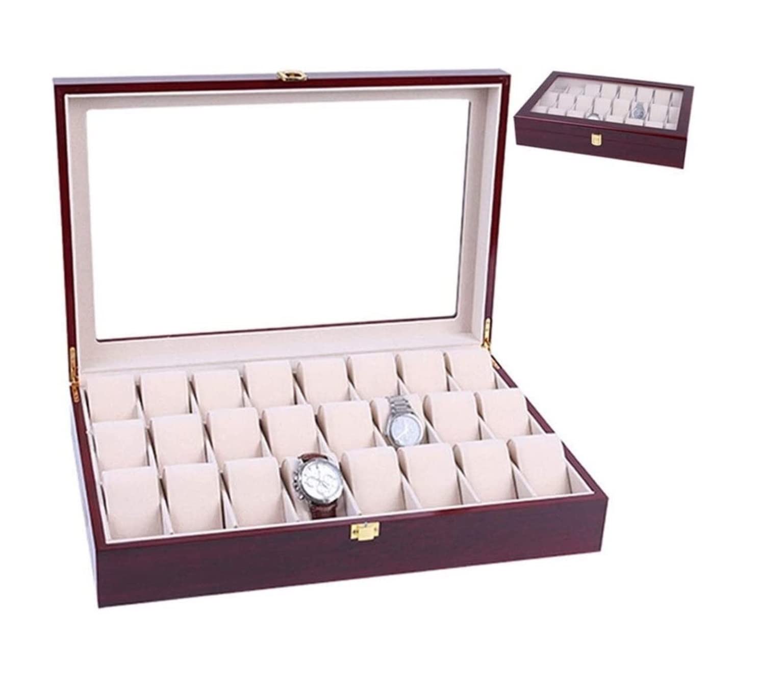 Étui À Montres, Enrouleur De Montres, Rangement Élégant pour Montres Et Bijoux en Bois, Boîte À Montres À 24 Compartiments, Présentoir À Montres Transparent avec Boucle E,