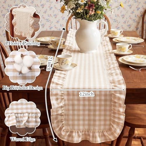 Tegeme Light Brown Gingham Table Runner 12''x71'' Cotton Ruffle Checkered Plaid Table Runner Farmhouse Cabinet Cover for Home Kitchen Dinner Party Decorations by Tegeme - Used condition - Image 2