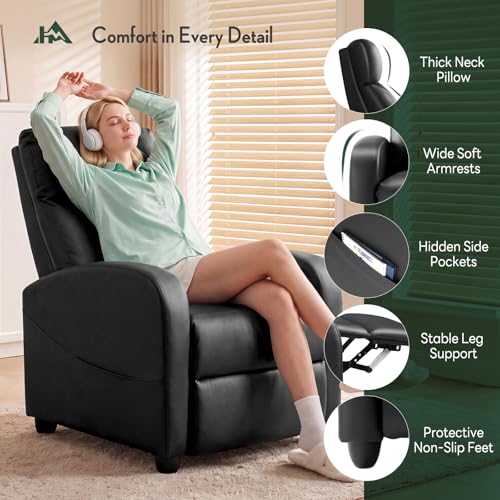 Image of Recliner Chair, Recliner Sofa PU Leather for Adults, Recliners Home Theater Seating with Lumbar Support, Reclining Sofa Chair for Living Room, Black