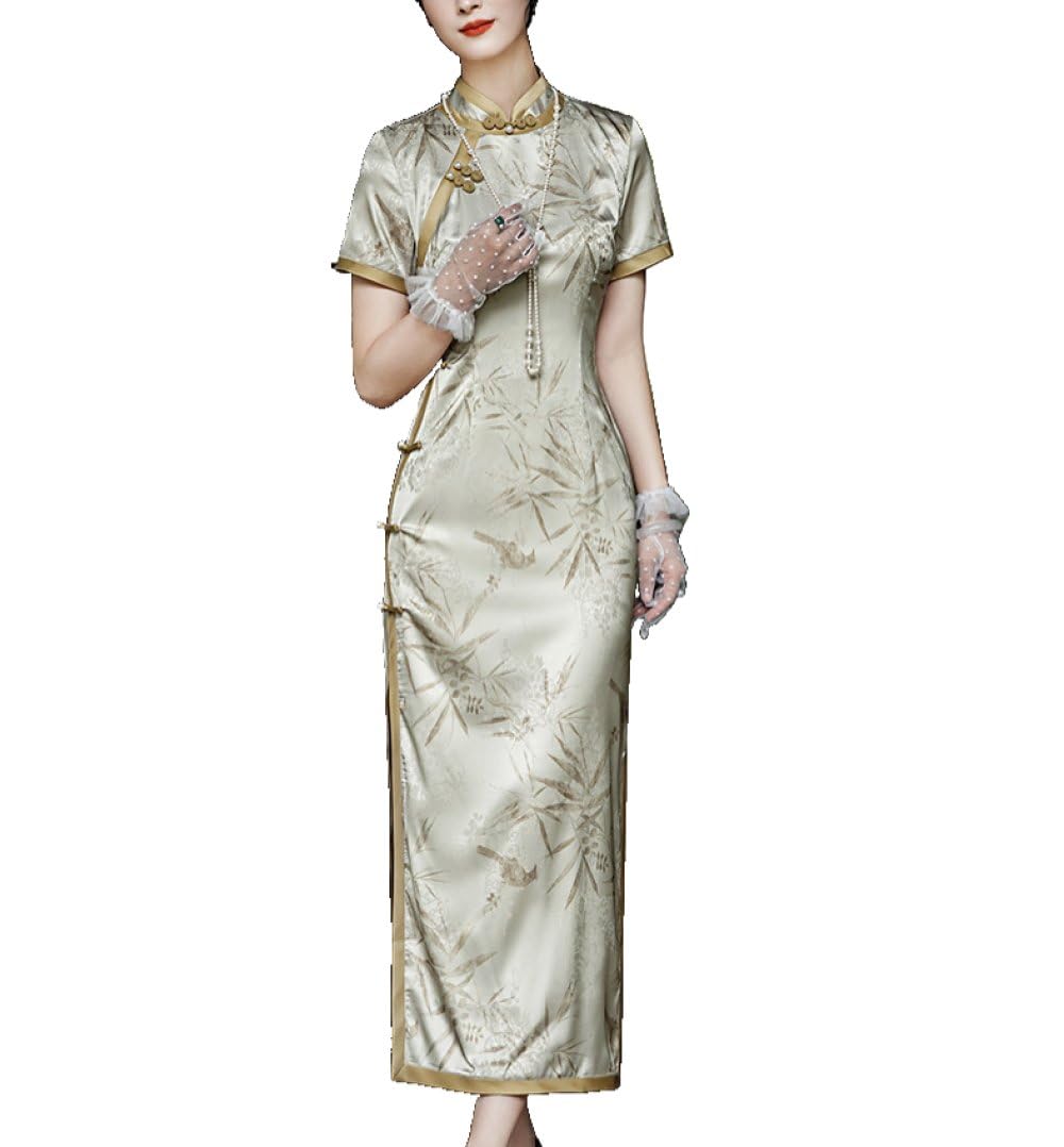 Caeitlrso Women's As Show Cheongsam Dress For Long Dress,Vintage Bamboo Leaf Print Traditional Qipao Mandarin Collar Bodycon Side Slit Dress Elegant Dress,,M