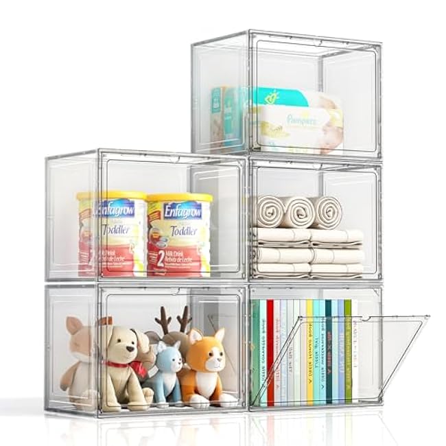 Stackable Storage Bins with Lids, Display Case for Collectibles, 5 Packs Display Box with Magnetic Door, Stackable Storage Container for Doll, Figures, Snack, White