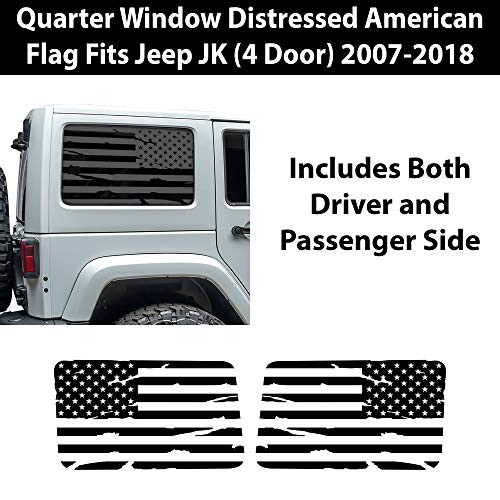Bogar Tech Designs - Precut Distressed American Flag Rear Side Window Decals Compatible With And Fits 4 Door Jeep Wrangler Jku 2007-2018, Matte Black #TOP1