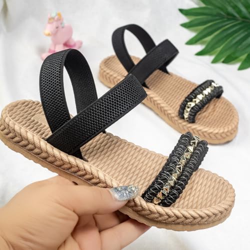 Girls Summer Linen Sandals Straw Weaving Rivet Beach Slides with Back Strap 6