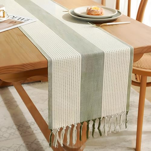 Table Runner with Tassels, Sage Green, 183x33cm, Braided Striped, Rustic Embroidery, Coffee Table Runner for Decorations, Weddings, Holidays