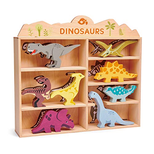 Image of Tender Leaf Toys Dinosaur Animals – 8 Wooden Prehistoric Figurines with a Display Shelf - Classic Toy for Pretend Play – Develops Creative & Imaginative Skills – Learning Role Play – Ages 3+ Years