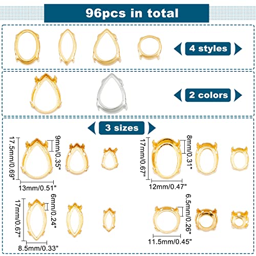 CHGCRAFT 96Pcs 24 Styles Brass Rhinestone Claw Settings Teardrop Horse Eye Oval Round Hollow Sew on Prong Setting for Rhinestone Gemstone Cabochon Resin Jewelry Making - Image 2
