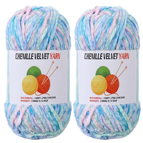 Image of 2 * 100g Velvet Chenille Chunky Yarn, Handcrafts Weaving Soft Chenille for Crocheting Clearance, Used for Making Baby Yarn Blanket, Clothes, Knitting Creations (Candy Color)
