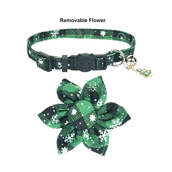 Adoggygo christmas cat collars with flower bell, 2 pack breakaway cat christmas collar with removable floral, red green plaid flower collars for cats (snowflake plaid) - image 6