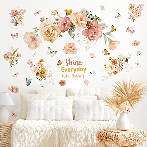 Large Peony Flower Wall Stickers Watercolor Floral Wall Decals Peel And Stick Inspirational Sticker For Girls Bedroom Vintage Flowers Butterflies Wall Art Mural For Kids Room Living Room Nursery Decor #TOP7