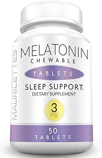 Mauricettes Natural Melatonin 3mg Chewable Tablets - Fast Acting 3 mg Sleeping Pills for Kids, Teens, and Adults, Unflavored, Non Addictive, Dissolvable Sleep Support Aid, 50 Chewables