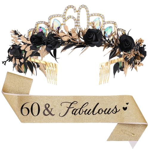 PartyforU 60th Birthday Flower Crown and Sash Set - Rose With Rhinestone Crystal Tiara Black Gold Headdress for 60 Year Old Women, Suitable for 60th Grandma Mother Birthday Party Accessories Gift