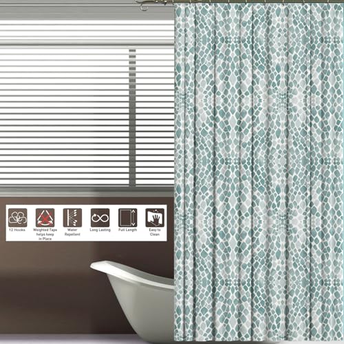 Image of Sassoon Aqua Fern Polyester Washable 1 Piece Printed Bathroom Shower Curtain with Hooks - 6.5ft