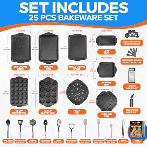 Emporio Kitchen Baking Pan Set - Nonstick Coating, Carbon Steel Bakeware Set with Gray Silicone Handles, PFOA, PFOS, PTFE Free, Recipe Booklet Included, Oven Safe Tray (Up To 450° F), Set of 25 - Gray