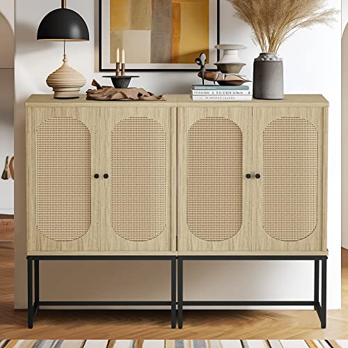 Lamerge Rattan Cabinet,2 Door Sideboard Buffet Cupboard Accent High Cabinet With Natural Rattan,Free Standing Bookmatch,Adjustable Shelves,Easy Assembly,Rustic Oak Beige (Lrc-Ob) #TOP5