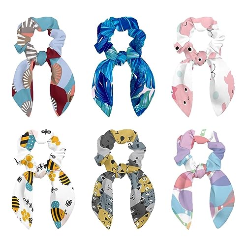6 Pcs Hair Scrunchies -Blue Watercolor Tropical Palm Leaves Hair Scarf Scrunchy with Ribbon Bow, Elastic Hair Ties Ponytail Holders for Women Teenage Girls