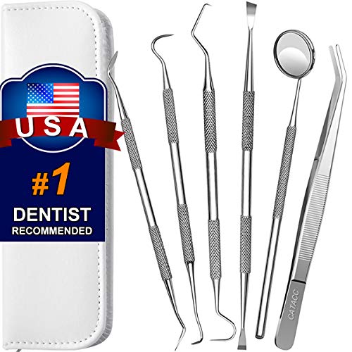 Dental Tools, 6 Pack Teeth Cleaning Tools Stainless Steel Dental Scraper Tooth Pick Hygiene Set with Mouth Mirror, Tweezer Kit for Dentist, Family Oral Care, Dogs - with Leather Case