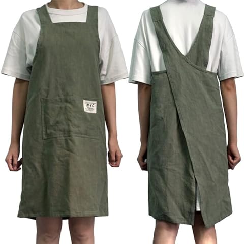 LeerKing Japanese Style Women Cotton Linen Apron Plain Halter Cross Bandage Aprons Plain Cotton and linen Apron for Cleaning Crafting Gardening Barbeque Pottery Baking with Pockets, Green Cover