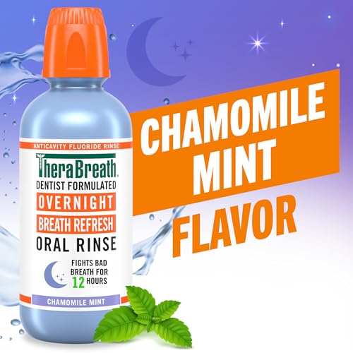 TheraBreath Overnight Mouthwash, Fights Bad Breath for 12 Hours, Chamomile Mint Flavor, Dentist Formulated, Fluoride Rinse, Alcohol Free, 16 fl oz (Pack of 2)