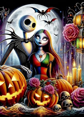 Jack and Sally Pumpkin Flower Diamond Art Kits for Adults 5D Diamond Painting Kits for Adults Beginners DIY Full Round Drill Diamond Dot Painting Gem Art Kits for Adult Home Wall Decor 11.8x15.7 Inch
