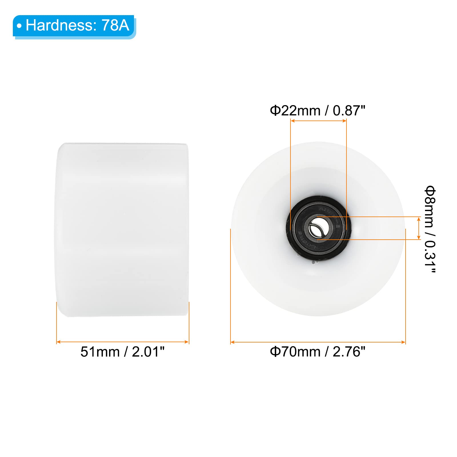 PATIKIL 70mm 78A Longboard Roues avec Noir ABEC-9 Roulements, 4 Paquet Doux Croiseur Roues Rue Roues pour Skateboards Skateboard Roue PU, Blanc