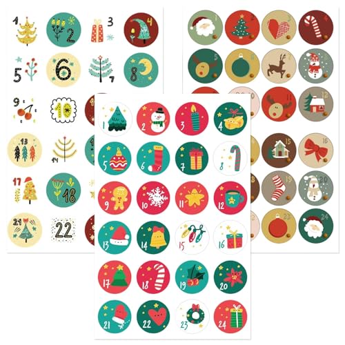 3 x 24 Pegatinas Números Calendario Adviento, Adhesivos Redondos de Adviento, Pegatinas Números Navidad para Decoración, Sobres, Cajas de Regalo, 4.5 cm