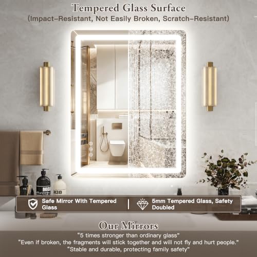 Image of 28 inch x 36 inch Led Bathroom Mirror with Lights, Anti-Fog & Tri-Color Lighting - Wall Mounted Shaving Mirror with Touch Sensor, Waterproof & Smart LED Vanity Mirror,Tempered Glass, Dimmable Smart Mirror