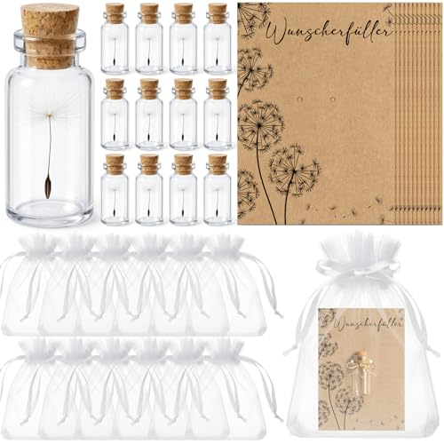 Geiserailie 12 Set Kleiner Wunscherfüller Glücksbringer Kommunion Konfirmation Echtes Pusteblumen im Glas Kleine Aufmerksamkeit Grußkarte Mullbeutel Dankeschön Geschenk Gastgeschenke zu Geburtstag