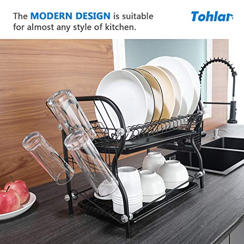 Dish Drying Rack, 2-Tier Kitchen Organizer with Drain board/Cup Holder, Dish Rack Matte Black Tohlar - Thumbnail 7