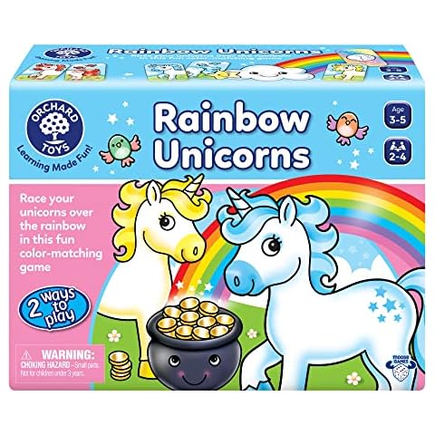 Orchard Toys Moose Games Rainbow Unicorns Game. Race Your Unicorns Over The Rainbow to a Pot of Gold in This Magical, Fun Color-Matching Game! Ages 3+ for 2-4 Players Cover