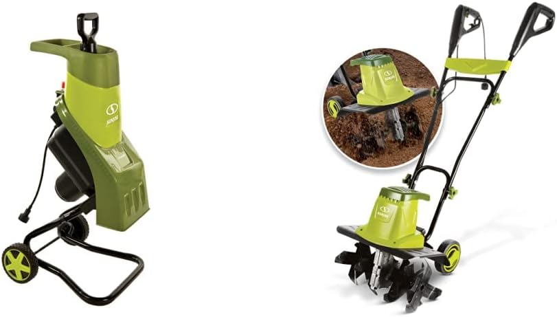 Sun Joe CJ601E Electric Wood Chipper/Shredder, 14-Amp, 16:1 Reduction, Green & TJ604E 16-Inch 13.5 AMP Electric Garden Tiller/Cultivator,Black