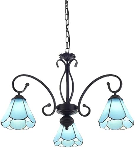 Candelabro azul, lámpara colgante de cono Tiffany, 8 luces, lámpara de suspensión de techo de cristal azul en negro para sala de estar (3 luces)