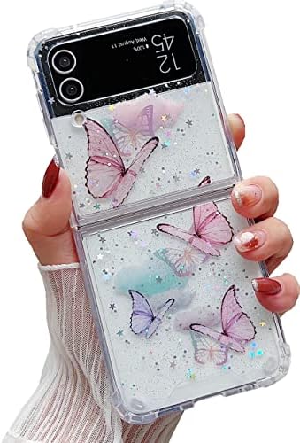 Shinymore Galaxy Z Flip 3 Clear Case, Cute Pretty Butterfly Glitter Shockproof Soft Flexible Rubber Girls Women Cover Case for Samsung Z Flip 3 (Pink)