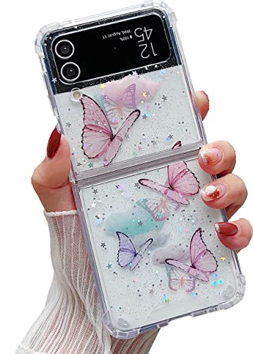 Shinymore Galaxy Z Flip 3 Clear Case, Cute Pretty Butterfly Glitter Shockproof Soft Flexible Rubber Girls Women Cover Case For Samsung Z Flip 3 (Pink) #TOP3