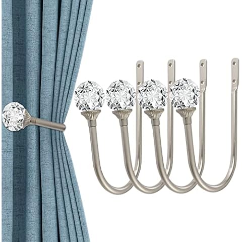 4 Pcs Metal Curtain Holdbacks with Clear Crystal Ball, Decorative Wall Mounted Drapery Tiebacks with Screws, Window Treatment Holdbacks for Home Decor (4PC, Silver) Cover