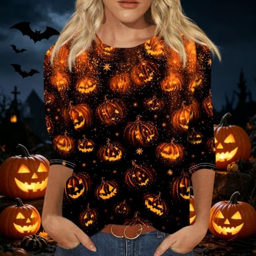 Image of Women Spooky Halloween Graphic Shirt 3 /4 Length Sleeve Crewneck Top | Halloween Funny Printed Pumpkin Plus Size Tshirts 2026 Fall Outfits Skeleton Tee Going Out Tops
