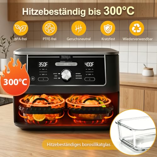 Zestaw 2 szklanych naczyń do frytkownicy na gorące powietrze, odporne na wysokie temperatury, akcesoria do frytkownicy na gorące powietrze Ninja AF500EU/AF400EU/SL400EU & COSORI, 8,5 l/Cosori 10 l
