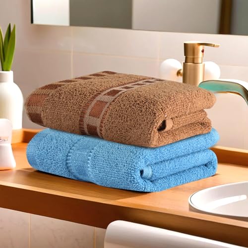 Urbane Home Pack of 2 Cotton Hand/Face Towels for Men & Women | Easily Washable | Workout Gym Napkins for Men | Pocket Towel - Sky Blue & Golden