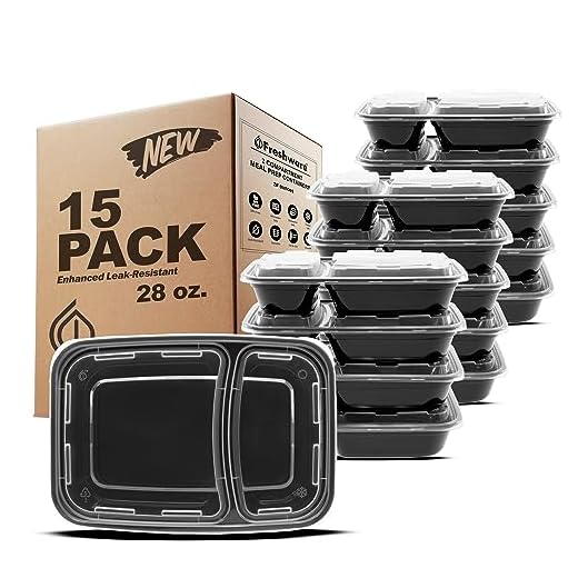 Freshware Meal Prep Containers [15 Pack] 2 Compartment with Lids, Food Storage Containers, Bento Box, BPA Free, Stackable, Microwave/Dishwasher/Freezer Safe (28 oz), Black