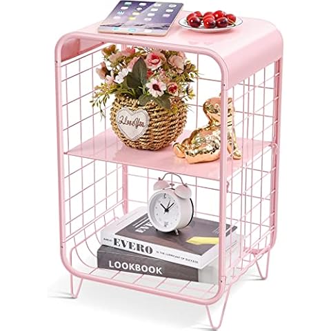 APEXCHASER Cute Pink Nightstand,Metal Side Table,3 Tier End Table with Storage,Vintage Bedside Table,Girls Bedroom Furniture,Coffee Table for Living Room,Bedroom,Dorm Cover